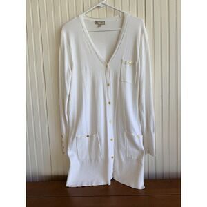 DG2 Diane Gilman White Longline Button Front Cardigan Sweater Gold Buttons L